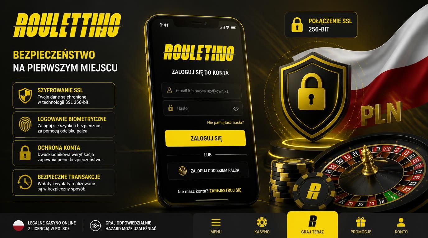 interfejs aplikacji kasynowej na telefonie z elementami zabezpieczeń siera SSL, odcisk palca i tarcza