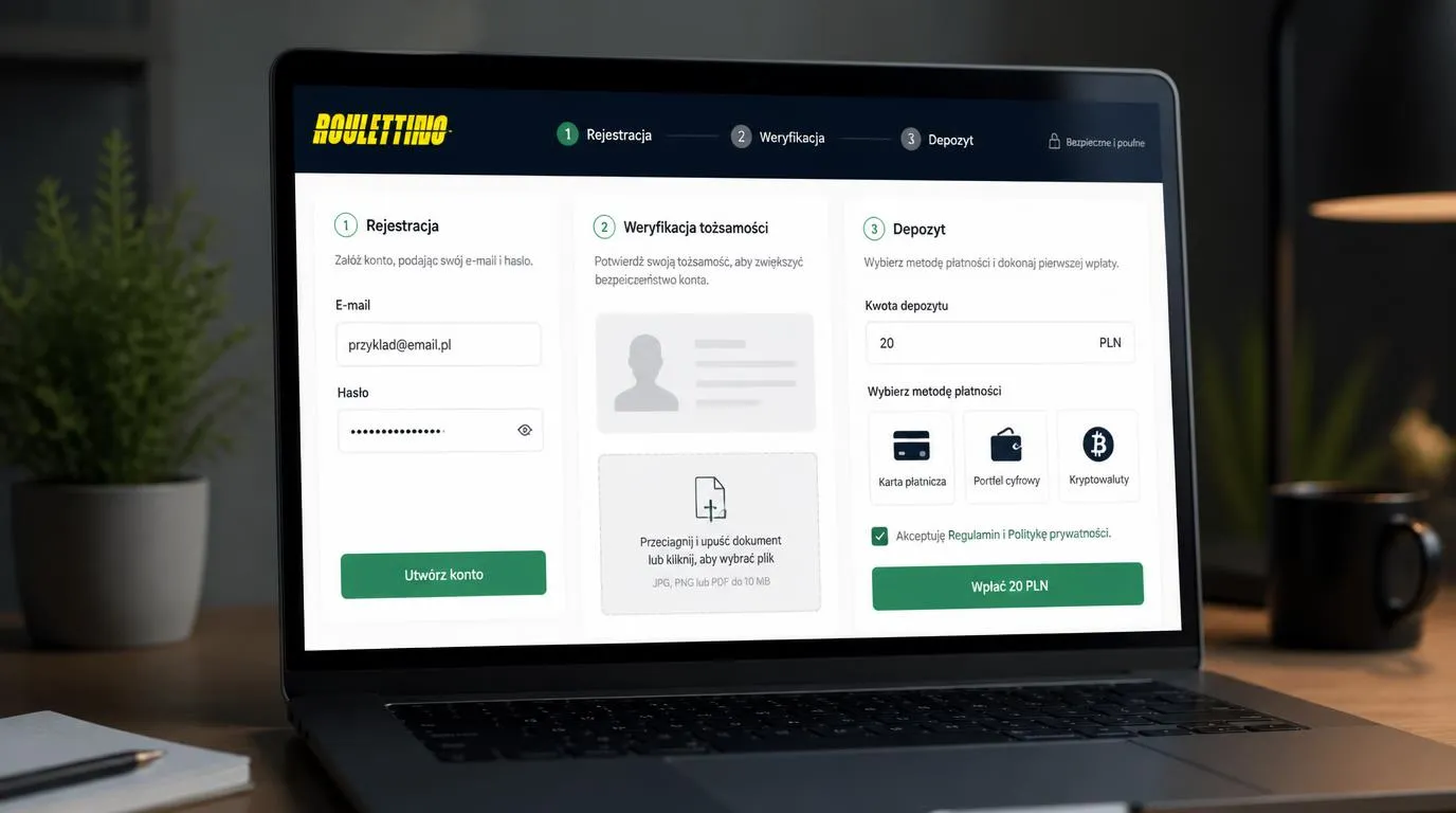 Panel rejestracji, weryfikacji tożsamości i kasjera z polem depozytu 20 PLN na ekranie laptopa