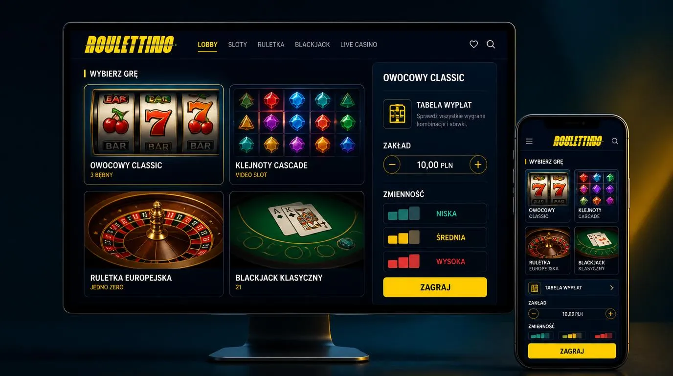 Lobby kasyna z kafelkami automatów, ruletki i blackjacka oraz panelem zasad i zmienności gry