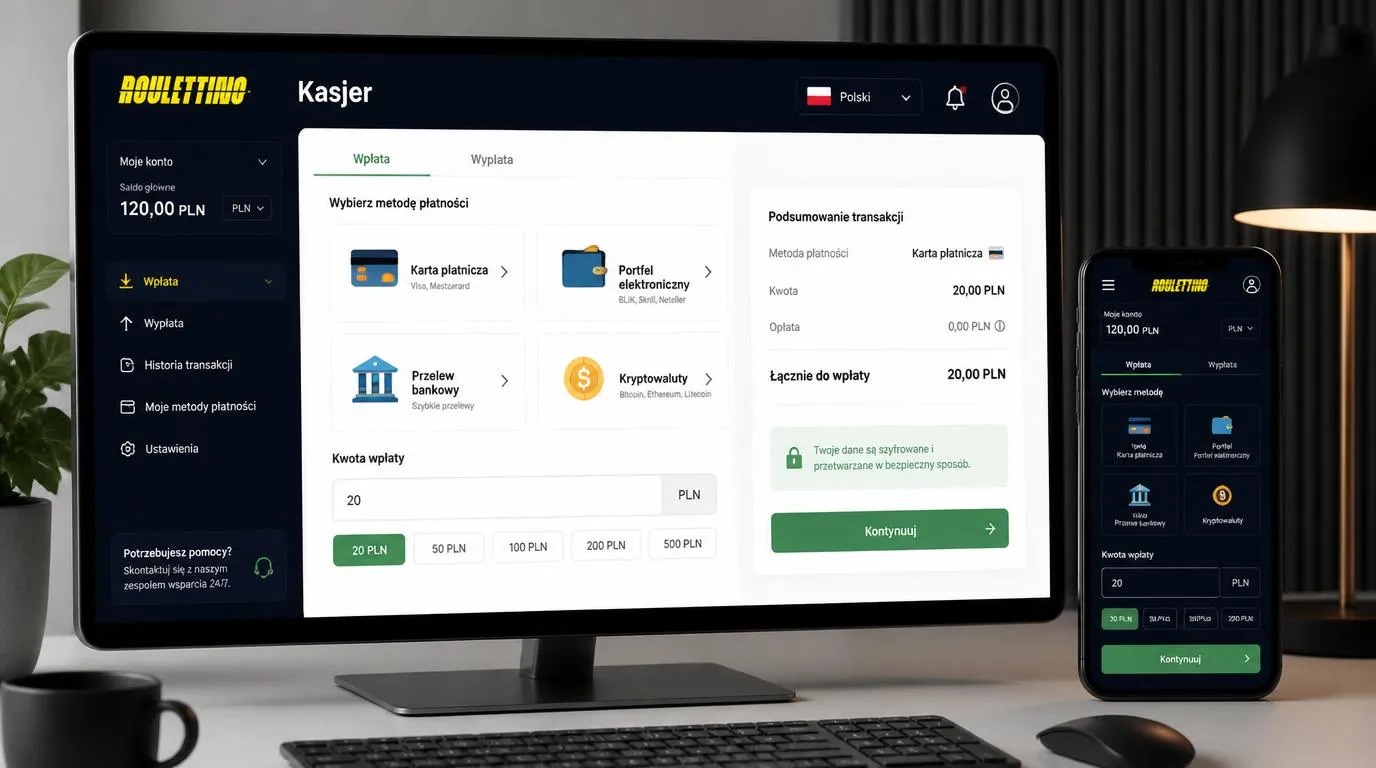 Panel kasjera z kontem PLN, wyborem karty, portfela i kryptowaluty oraz polskim interfejsem