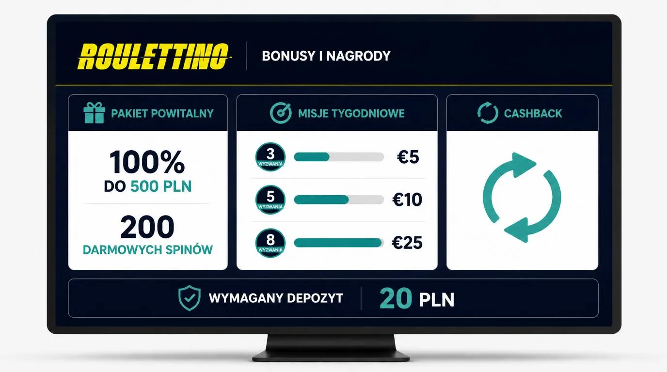 Panel bonusów z ofertą powitalną w PLN, trzema poziomami misji i informacją o wymaganym depozycie